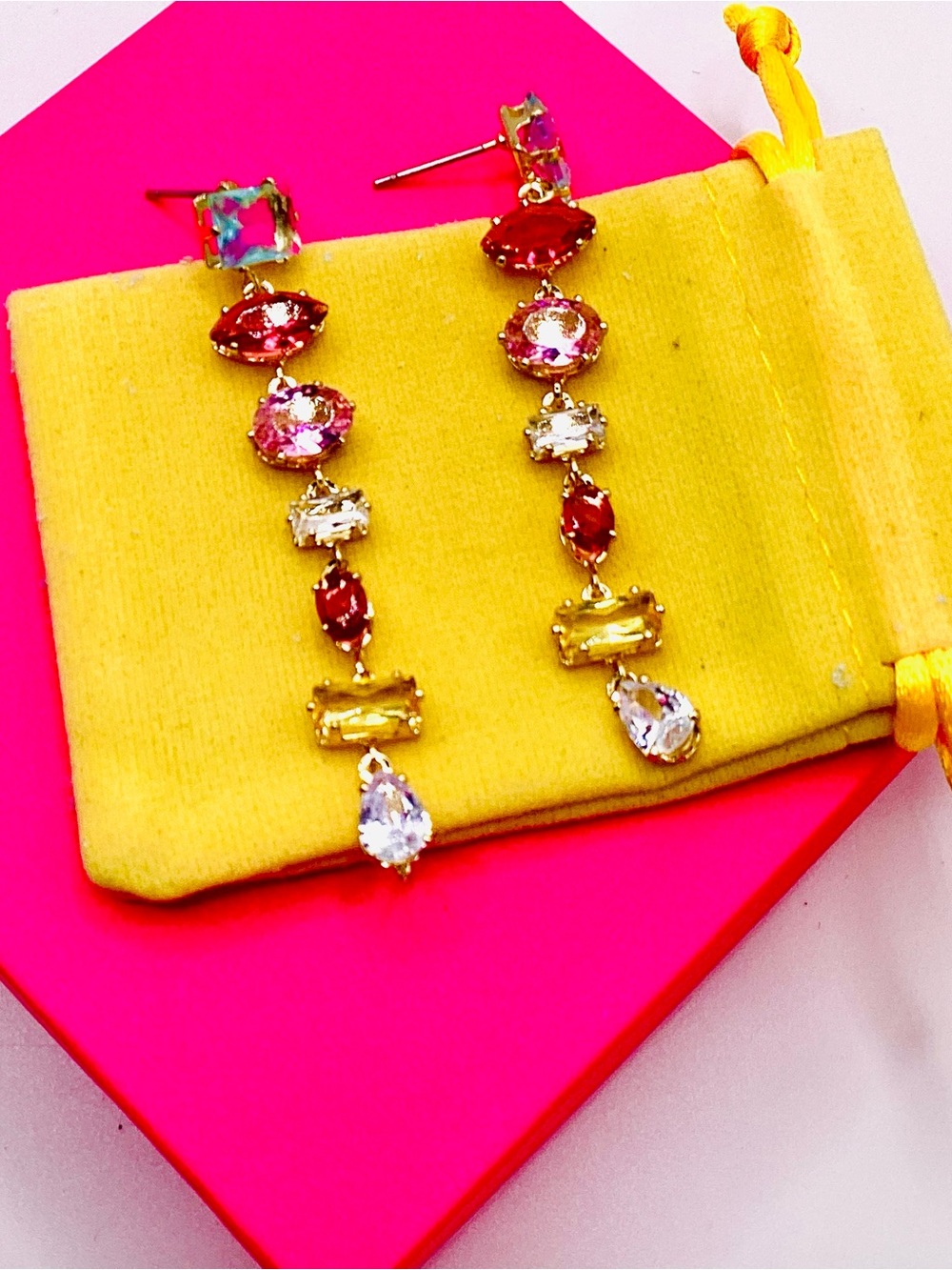 Boutique Gold Drop Earrings with Pink, Yellow, and yellow CZ crystals